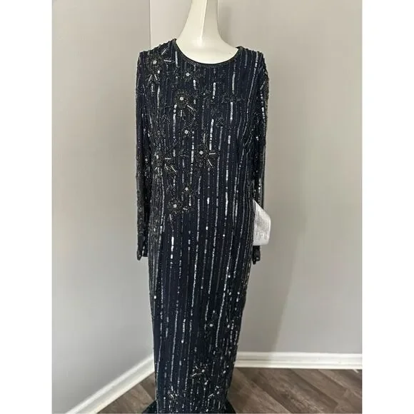 MAC DUGGAL EMBELLISHED HIGH NECK ILLUSION LONG SLEEVE GOWN